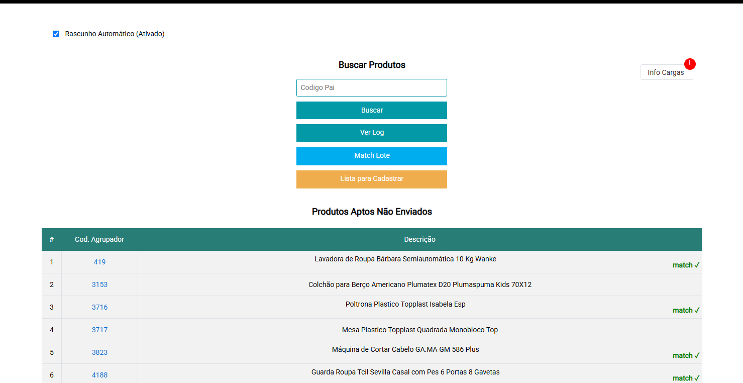 Tela de Carga de Produto - Produtos Aptos Não Enviados
