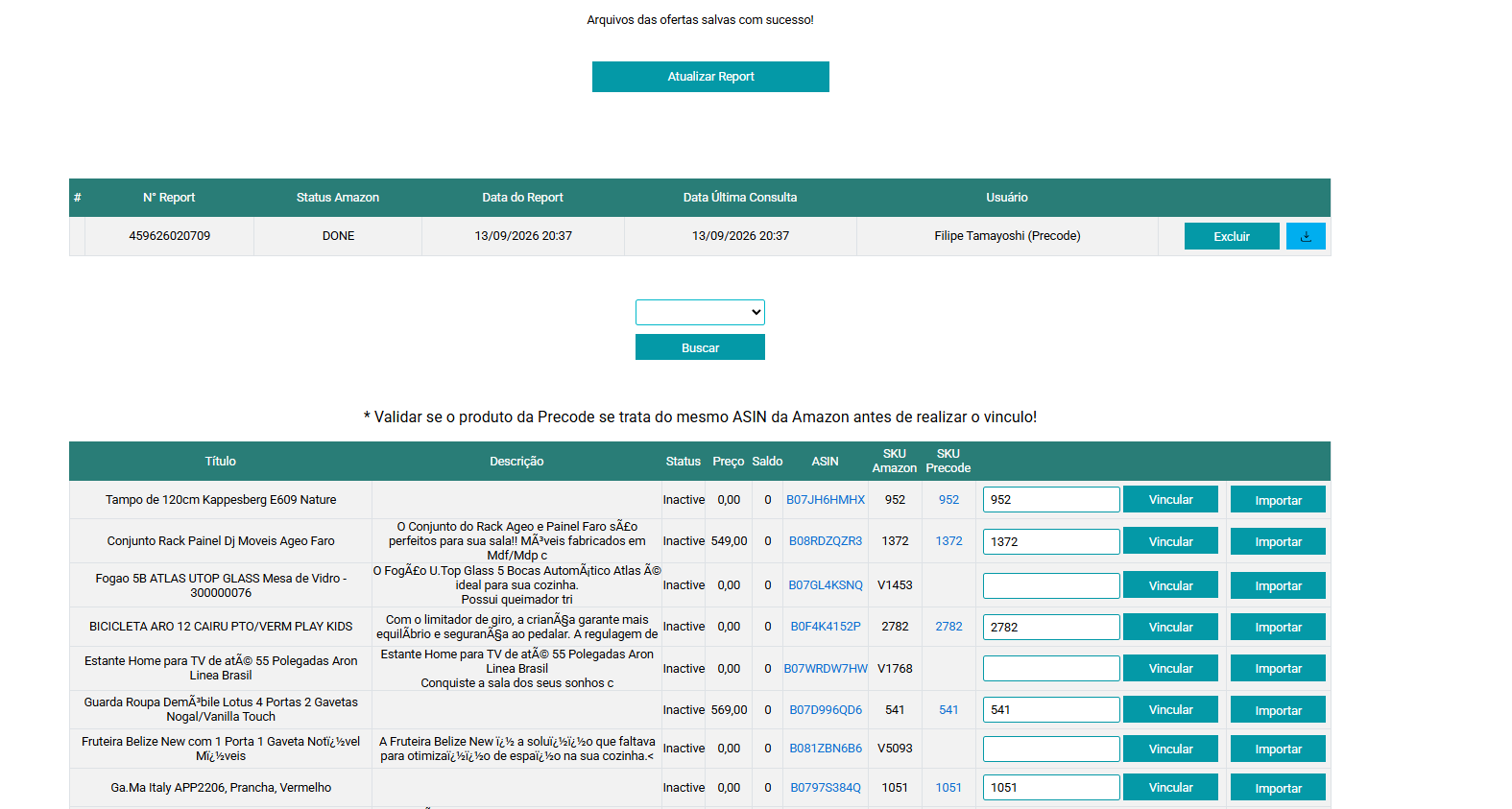 Tela de Importação Reversa - vincular ou importar itens da Amazon